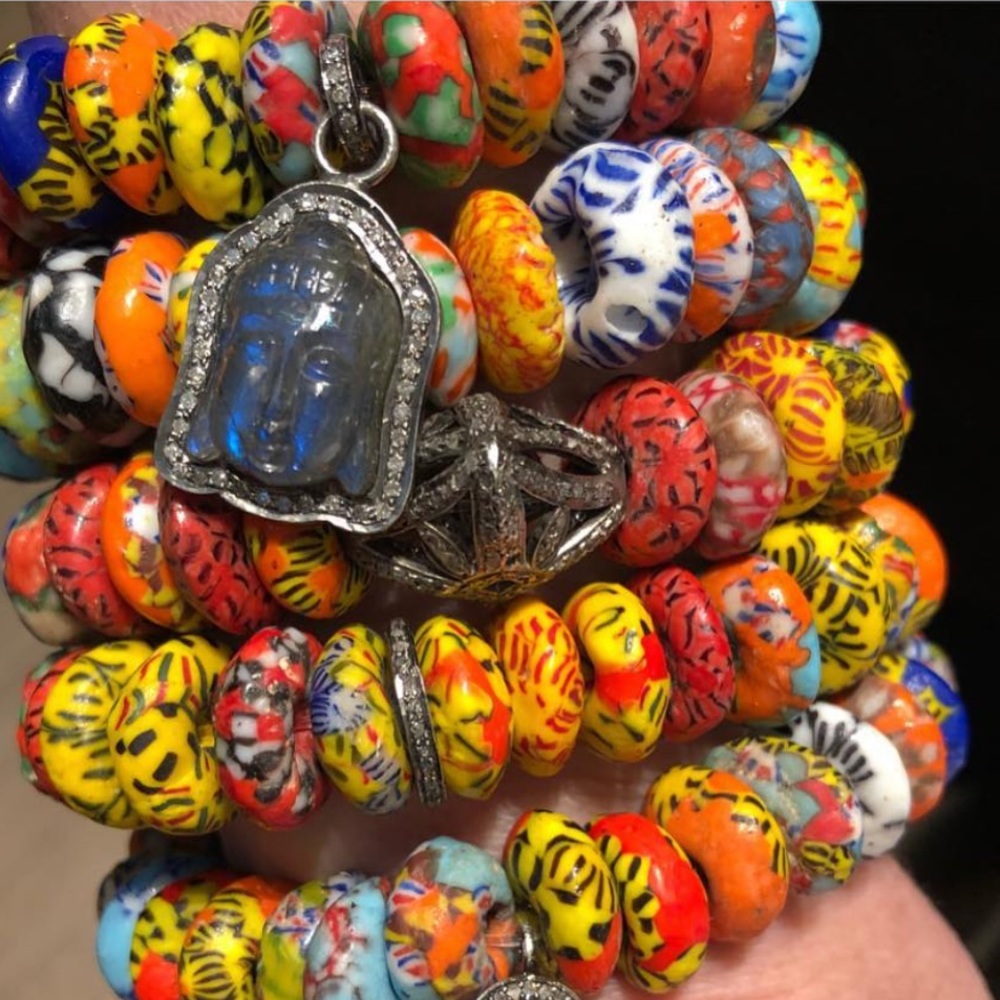Pave Diamond and African Glass Bead Bracelet by The Woods Fine Jewelry
